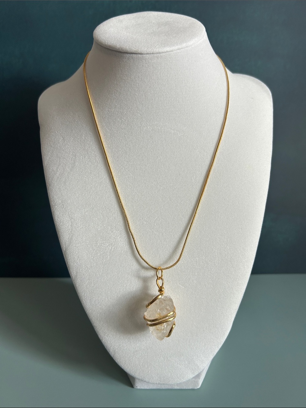 Gemstone Gold Plated Crystal Wire-Wrap Pendant Necklace